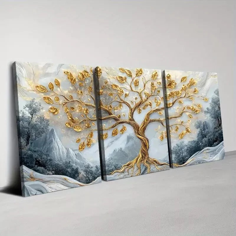 3pcs Elegant Golden Tree with Mountains Abstract Wall Art Set Canvas Framed 40x60cm - High Quality Print 100% Australian Made Wall Canvas Ready to Hang