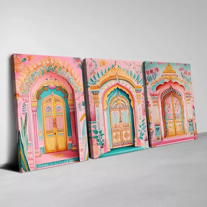 3pcs Elegant Indian Architecture Designs Wall Art Set Canvas Framed 40x60cm - High Quality Print 100% Australian Made Wall Canvas Ready to Hang