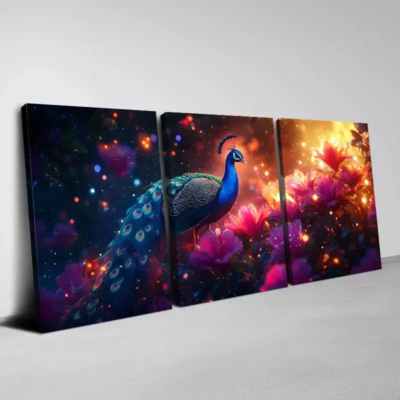 3pcs Elegant Magical Peacock with Pink Florals Wall Art Set Canvas Framed 40x60cm - High Quality Print 100% Australian Made Wall Canvas Ready to Hang