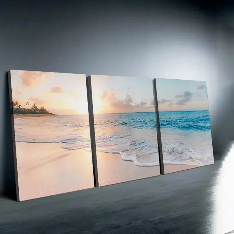 3pcs Elegant Nordic Sea & Waves at Sunrise Wall Art Set Canvas Framed 40x60cm - High Quality Print 100% Australian Made Wall Canvas Ready to Hang