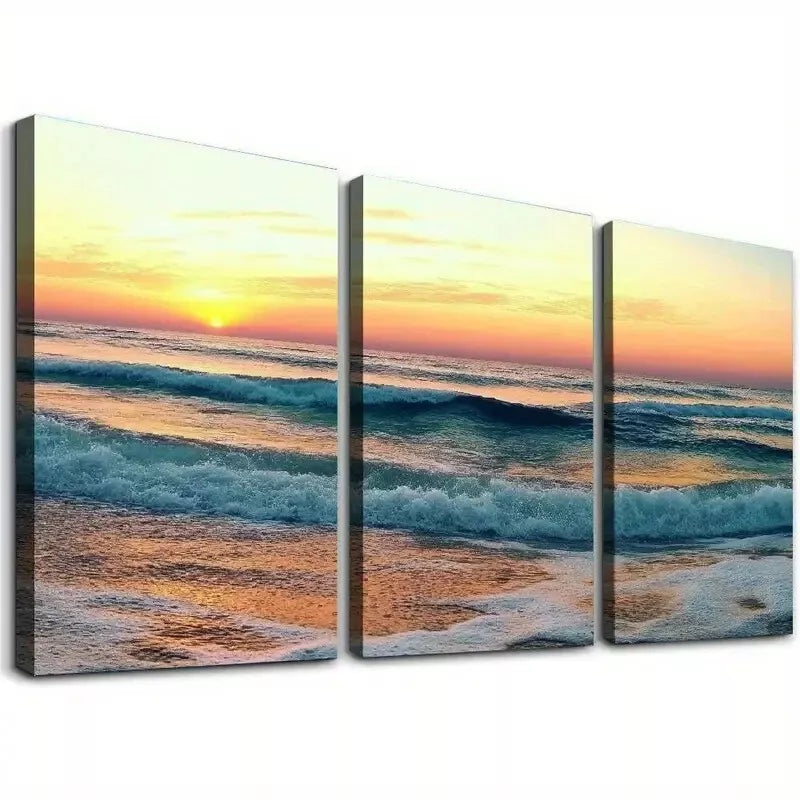 3pcs Elegant Ocean Sunrise View above Sea Waves Wall Art Set Canvas Framed 40x60cm - High Quality Print 100% Australian Made Wall Canvas Ready to Hang