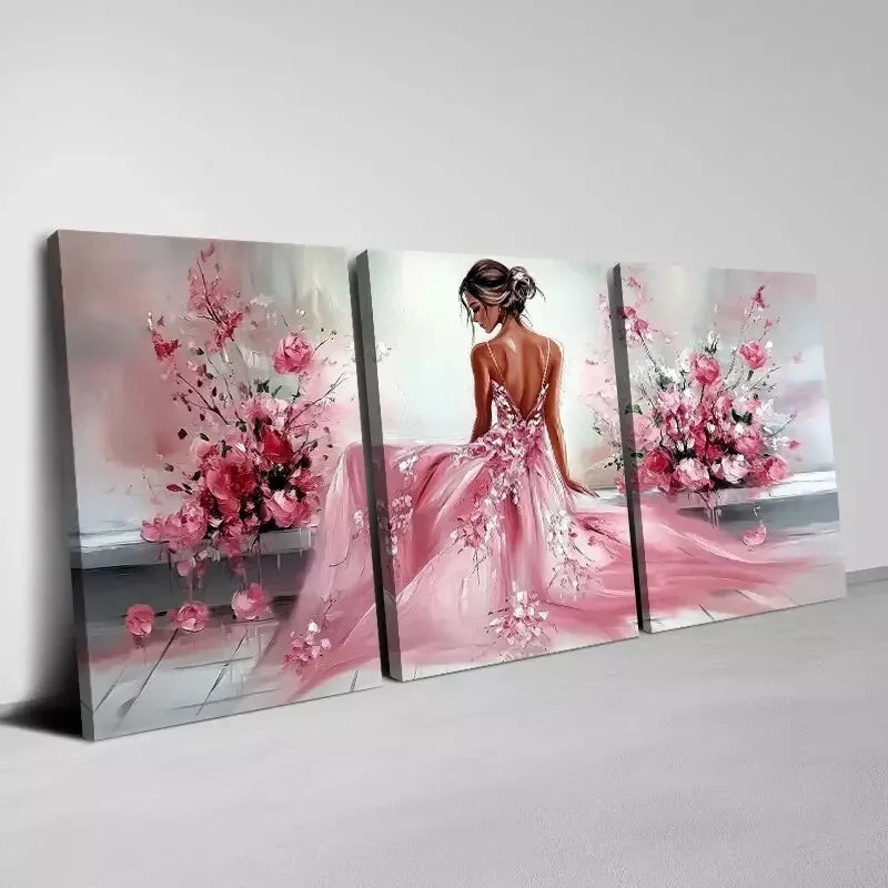 3pcs Elegant Pink Dress Woman with Pink Florals Wall Art Set Canvas Framed 40x60cm - High Quality Print 100% Australian Made Wall Canvas Ready to Hang