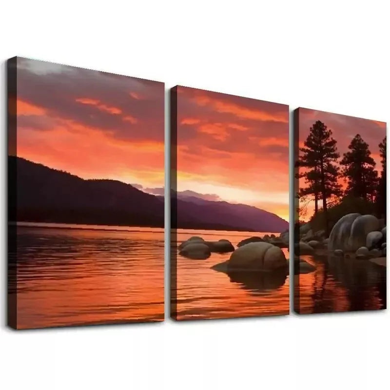 3pcs Elegant Sand Harbor Sunset Orton Wall Art Set Canvas Framed 40x60cm - High Quality Print 100% Australian Made Wall Canvas Ready to Hang