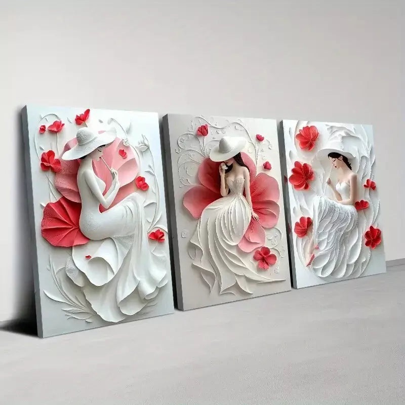 3pcs Elegant Woman with Red Flowers Painting Wall Art Set Canvas Framed 40x60cm - High Quality Print 100% Australian Made Wall Canvas Ready to Hang