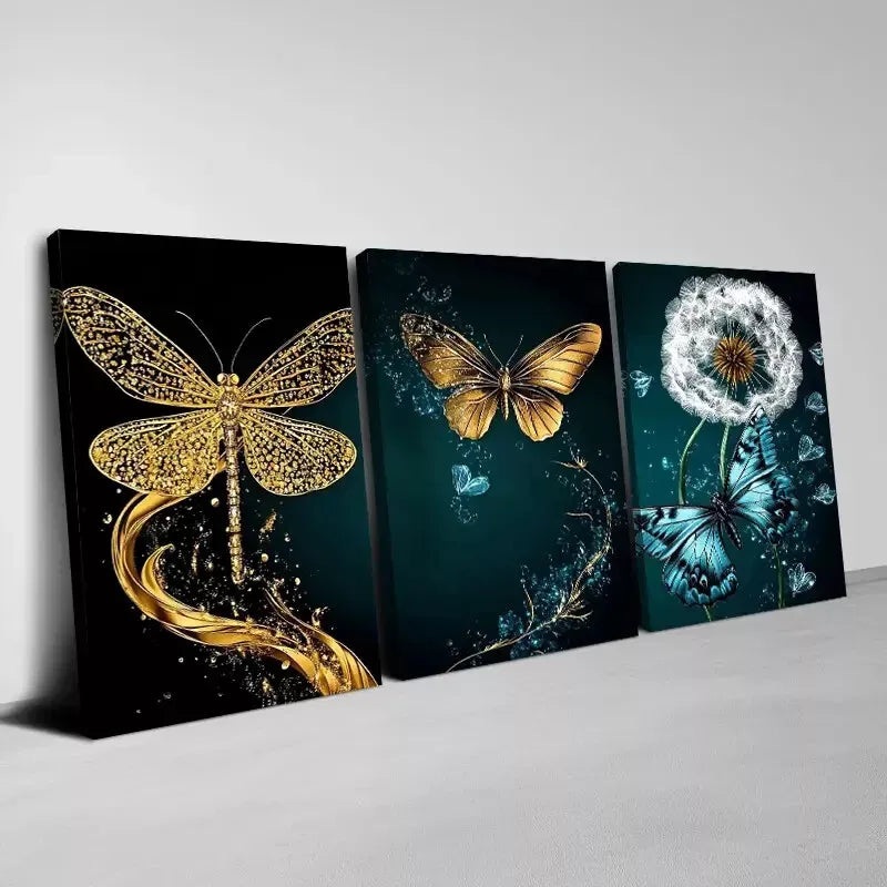 3pcs Enchanting Abstract Golden Butterfly Dandelion Wall Art Set Canvas Framed 40x60cm - High Quality Print 100% Australian Made Wall Canvas Ready to Hang