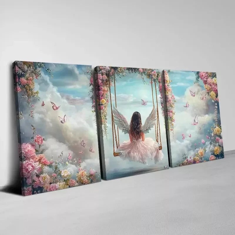 3pcs Enchanting Angel Sitting On A Floral Swing Wall Art Set Canvas Framed 40x60cm - High Quality Print 100% Australian Made Wall Canvas Ready to Hang