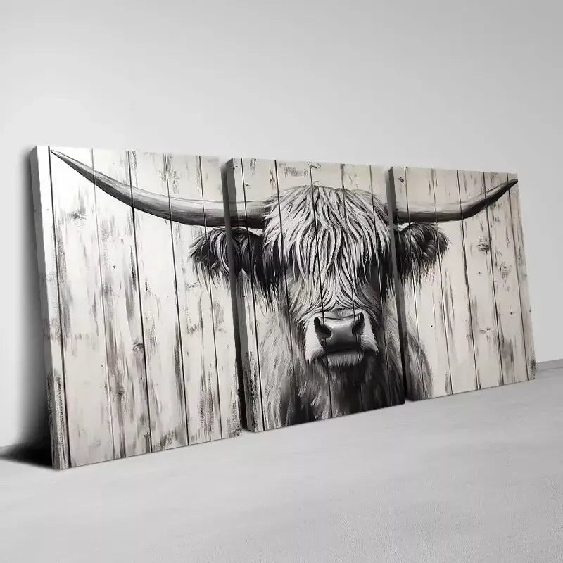 3pcs Friendly Vintage Style Highland Cattle Wall Art Set Canvas Framed 40x60cm - High Quality Print 100% Australian Made Wall Canvas Ready to Hang