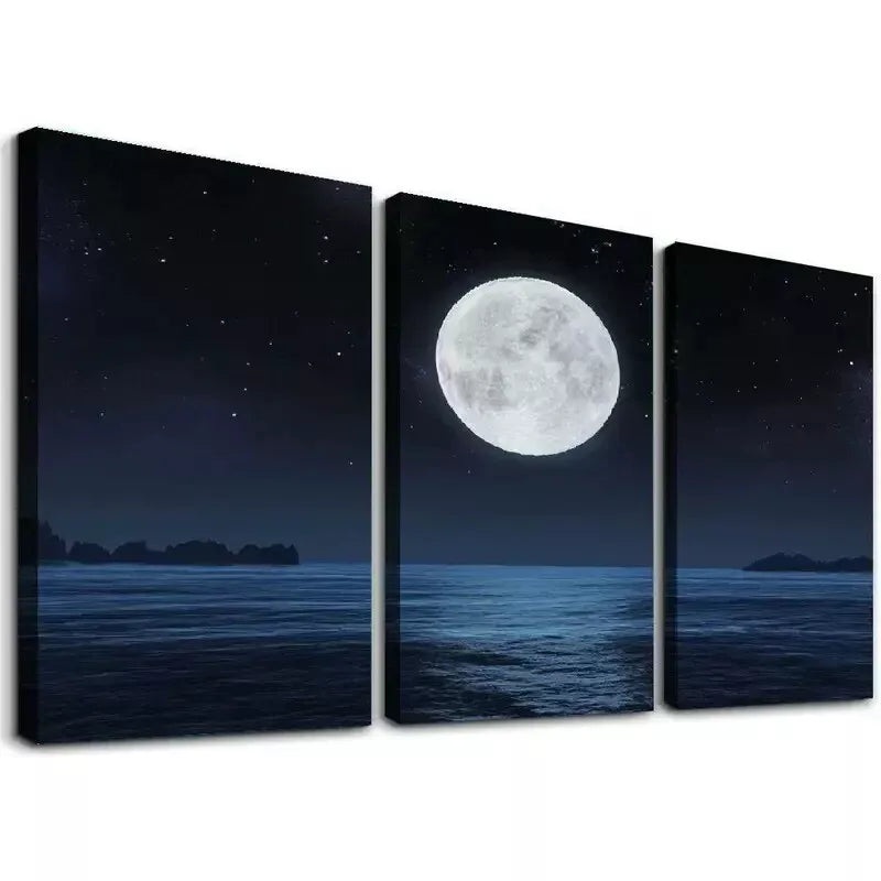 3pcs Full Moon on a Dark Night with Stars Wall Art Set Canvas Framed 40x60cm - High Quality Print 100% Australian Made Wall Canvas Ready to Hang