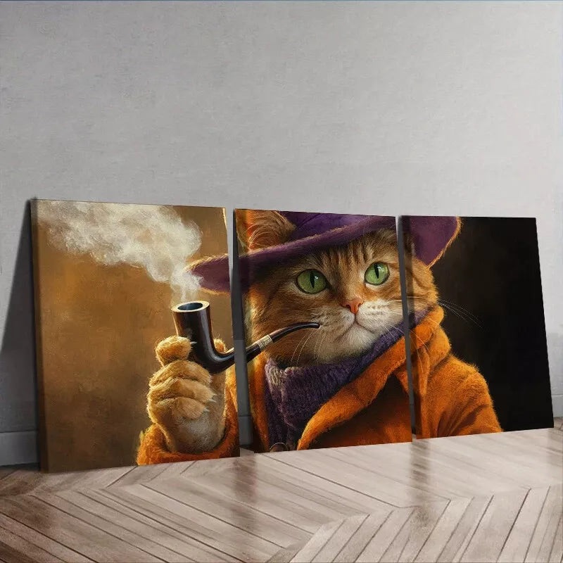 3pcs  A Cat With A Pipe Smoke Orange Cat  Wall Art Set Canvas Framed 40x60cm - High Quality Print 100% Australian Made Wall Canvas Ready to Hang
