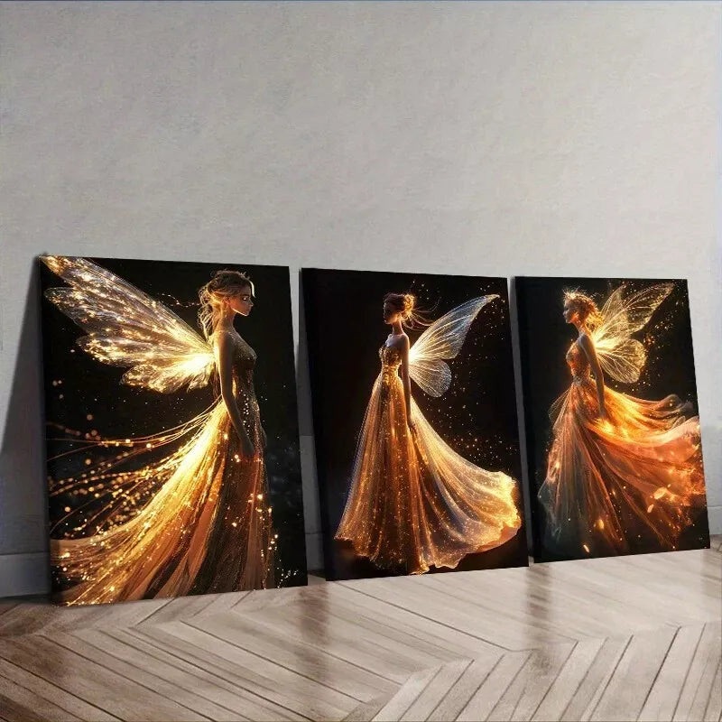 3pcs A Graceful Fairy In A Shiny Dress Wall Art Set Canvas Framed 40x60cm - High Quality Print 100% Australian Made Wall Canvas Ready to Hang