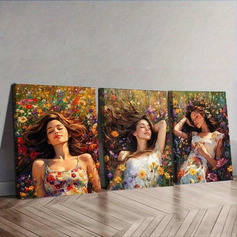 3pcs A Woman Surrounded By Vibrant Flowers  Wall Art Set Canvas Framed 40x60cm - High Quality Print 100% Australian Made Wall Canvas Ready to Hang