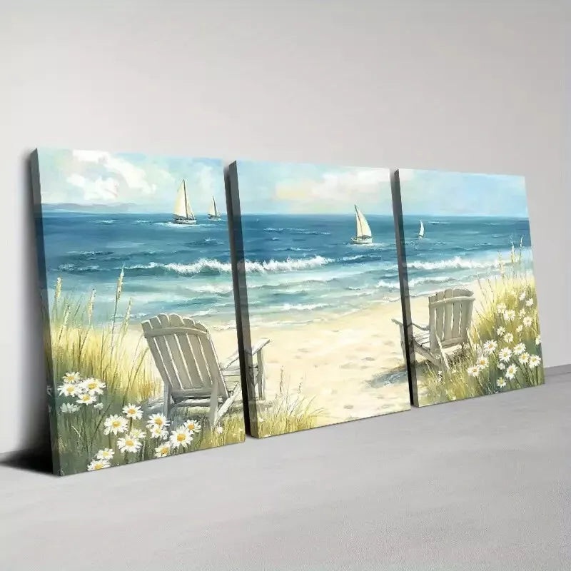 3pcs Abstract Beach And Ocean Waves with Florals Wall Art Set Canvas Framed 40x60cm - High Quality Print 100% Australian Made Wall Canvas Ready to Hang