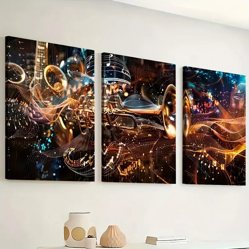 3pcs Abstract Modern Fashion Musical Instrument Art Trumpet Wall Art Set Canvas Framed 40x60cm - High Quality Print 100% Australian Made Wall Canvas Ready to Hang