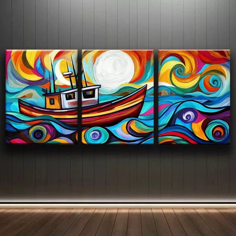 3pcs  An Abstract Depiction Of A Fishing Trawler   Wall Art Set Canvas Framed 40x60cm - High Quality Print 100% Australian Made Wall Canvas Ready to Hang