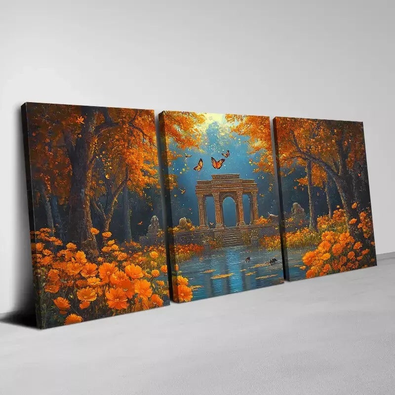 3pcs Ancient Temple In The Forest & Butterflies Wall Art Set Canvas Framed 40x60cm - High Quality Print 100% Australian Made Wall Canvas Ready to Hang