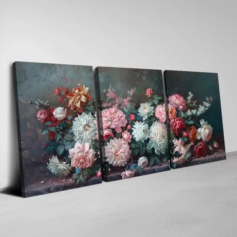 3pcs Artistic Flair, Vintage Beautiful Flowers Wall Art Set Canvas Framed 40x60cm - High Quality Print 100% Australian Made Wall Canvas Ready to Hang
