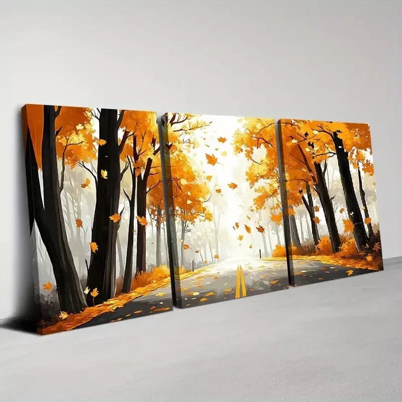 3pcs Autumn Forest Mountain Road Watercolor Wall Art Set Canvas Framed 40x60cm - High Quality Print 100% Australian Made Wall Canvas Ready to Hang