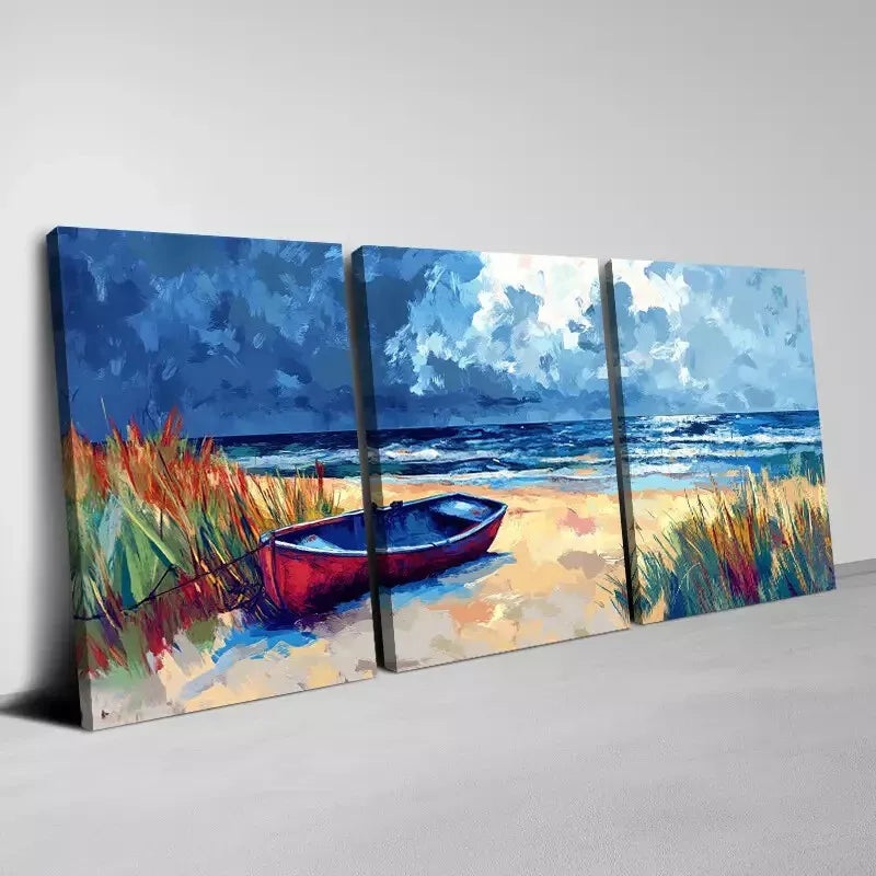 3pcs Beach and Boat with Sky View Scenery Wall Art Set Canvas Framed 40x60cm - High Quality Print 100% Australian Made Wall Canvas Ready to Hang