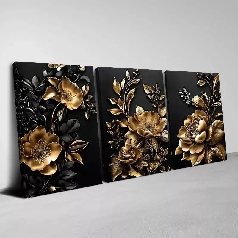 3pcs Beautiful Abstract Golden Flower Wall Art Set Canvas Framed 40x60cm - High Quality Print 100% Australian Made Wall Canvas Ready to Hang