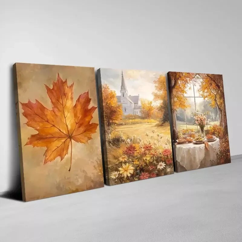 3pcs Beautiful Autumn Town with Dry Leaves Wall Art Set Canvas Framed 40x60cm - High Quality Print 100% Australian Made Wall Canvas Ready to Hang
