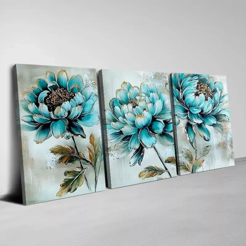 3pcs Beautiful Blue Flowers Painting Wall Art Set Canvas Framed 40x60cm - High Quality Print 100% Australian Made Wall Canvas Ready to Hang