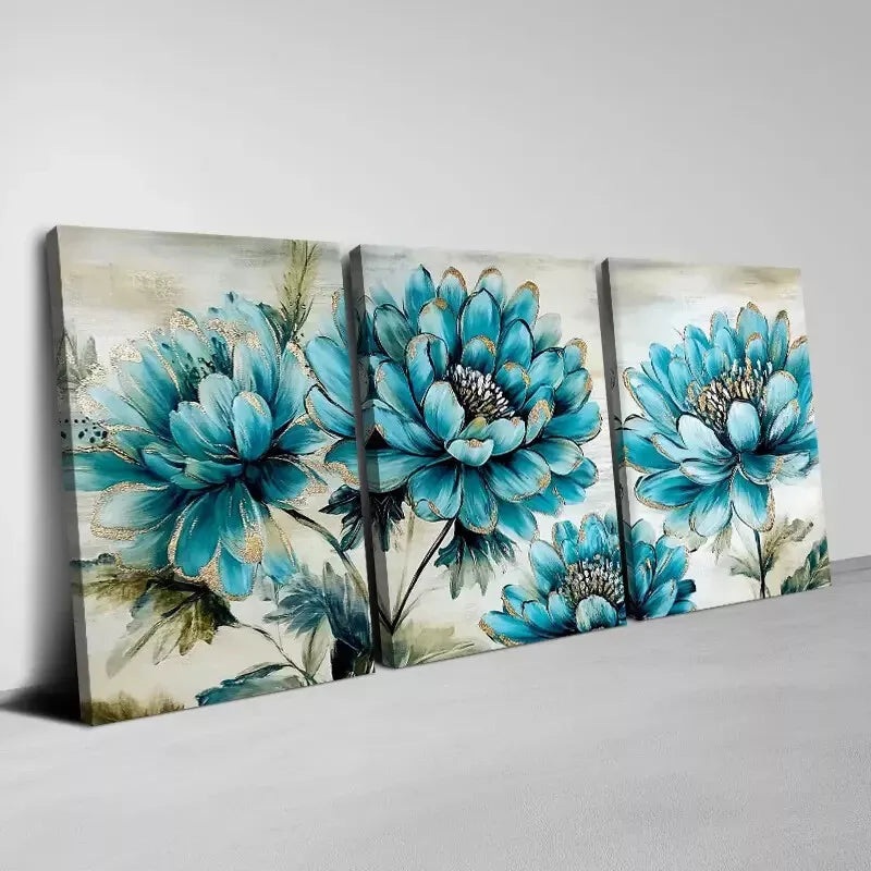 3pcs Beautiful Blue Flowers with Greenery Wall Art Set Canvas Framed 40x60cm - High Quality Print 100% Australian Made Wall Canvas Ready to Hang