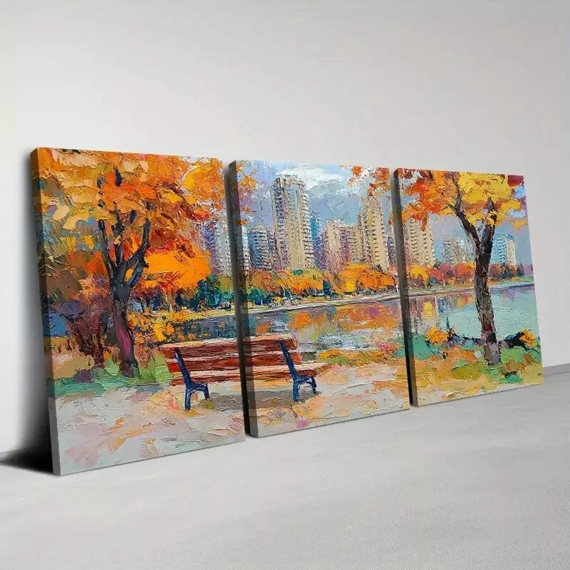 3pcs Beautiful City Park with Lake & Tree View  Wall Art Set Canvas Framed 40x60cm - High Quality Print 100% Australian Made Wall Canvas Ready to Hang