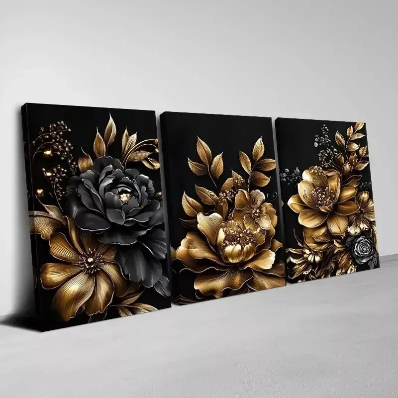 3pcs Beautiful Golden and Black Flower Wall Art Set Canvas Framed 40x60cm - High Quality Print 100% Australian Made Wall Canvas Ready to Hang