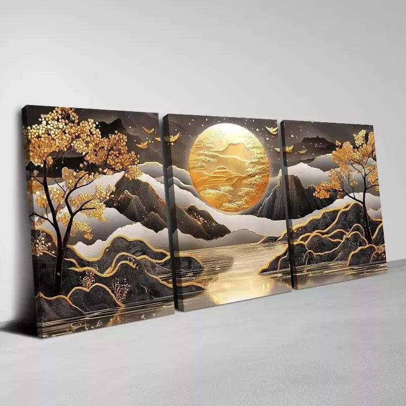 3pcs Beautiful Golden Sun Mountain Trees View Wall Art Set Canvas Framed 40x60cm - High Quality Print 100% Australian Made Wall Canvas Ready to Hang