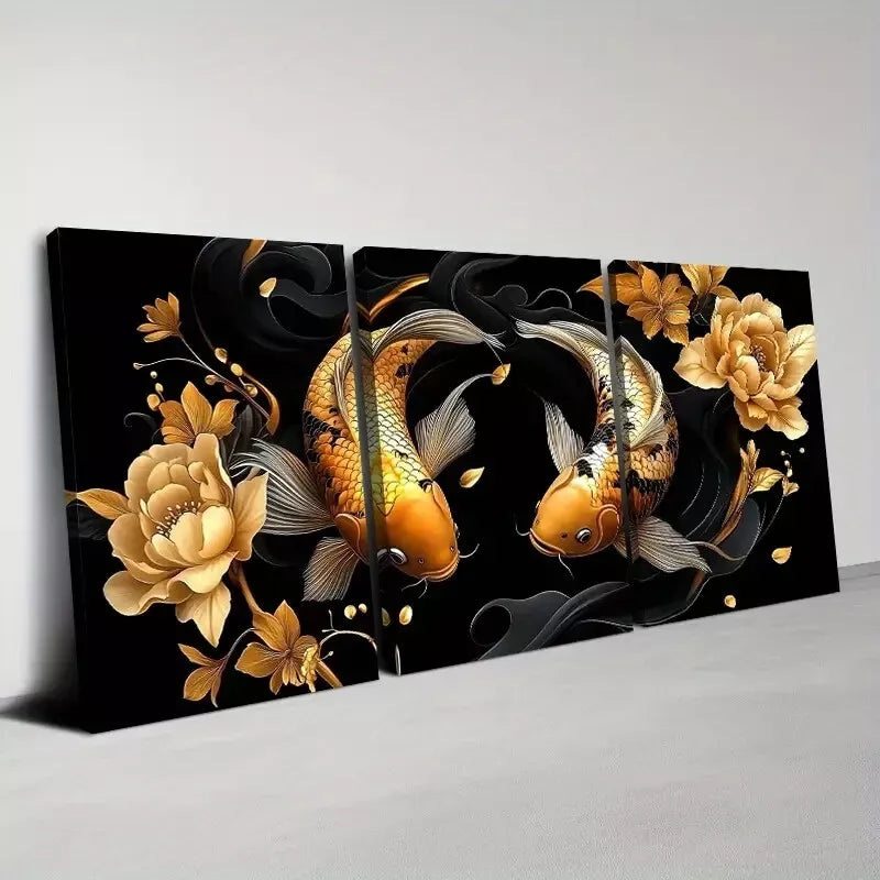 3pcs Beautiful Modern Golden Koi with Florals Wall Art Set Canvas Framed 40x60cm - High Quality Print 100% Australian Made Wall Canvas Ready to Hang