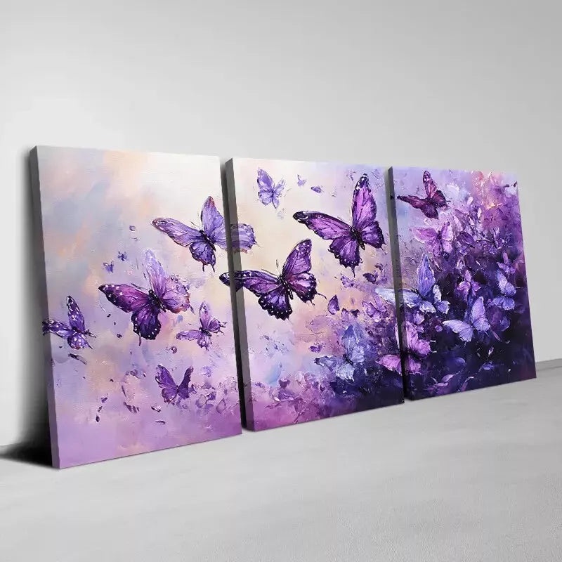 3pcs Beautiful Purple and Pink Butterfly Wall Art Set Canvas Framed 40x60cm - High Quality Print 100% Australian Made Wall Canvas Ready to Hang