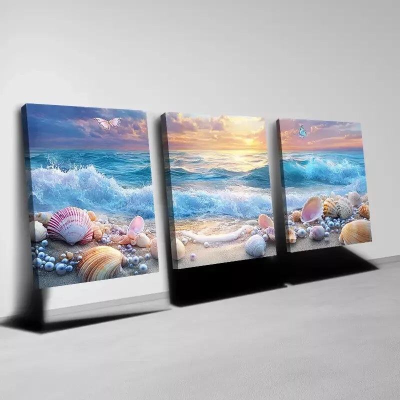 3pcs Beautiful Seashell and Ocean Sunset Wall Art Set Canvas Framed 40x60cm - High Quality Print 100% Australian Made Wall Canvas Ready to Hang
