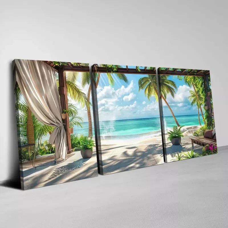 3pcs Beautiful Seaside Vacation with Greenery Wall Art Set Canvas Framed 40x60cm - High Quality Print 100% Australian Made Wall Canvas Ready to Hang