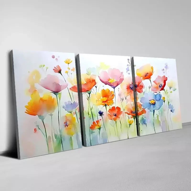3pcs Beautiful Watercolor Colorful Flowers Wall Art Set Canvas Framed 40x60cm - High Quality Print 100% Australian Made Wall Canvas Ready to Hang