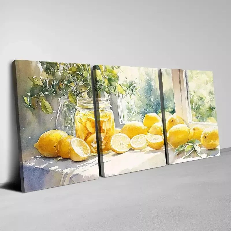 3pcs Beautiful Watercolor Yellow Lemons Wall Art Set Canvas Framed 40x60cm - High Quality Print 100% Australian Made Wall Canvas Ready to Hang