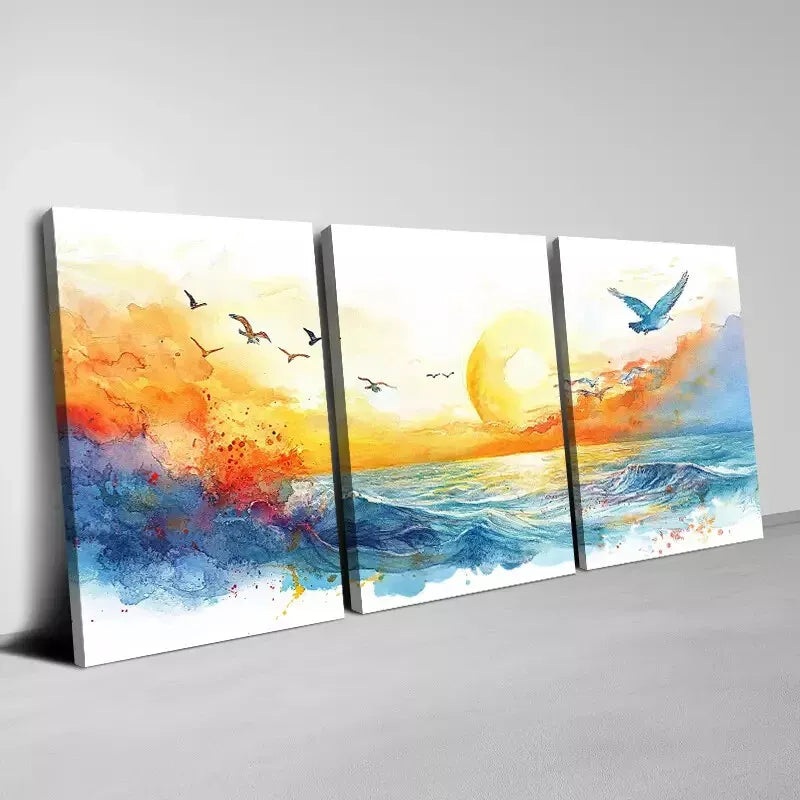 3pcs Birds Flying at Sunset Seaside Landscape Wall Art Set Canvas Framed 40x60cm - High Quality Print 100% Australian Made Wall Canvas Ready to Hang