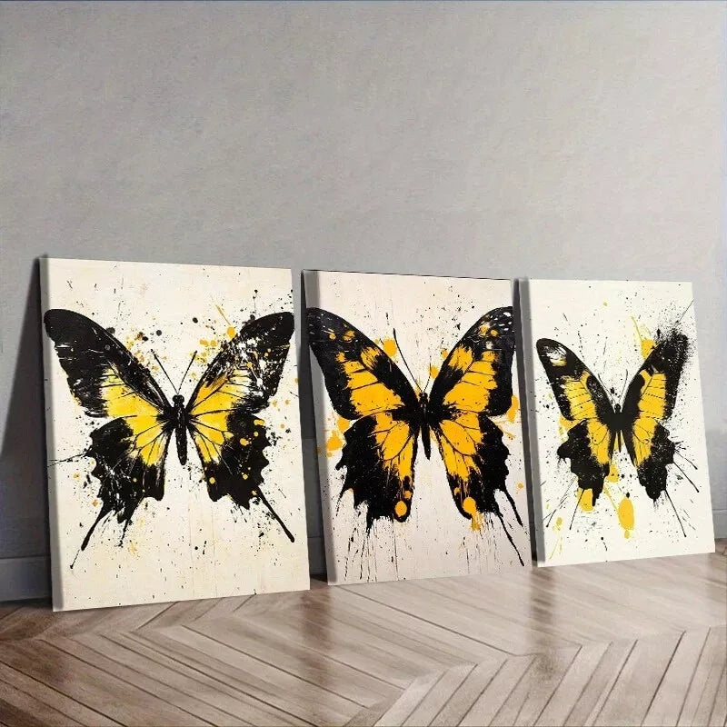 3pcs Black And Yellow Butterflies Colorful  Wall Art Set Canvas Framed 40x60cm - High Quality Print 100% Australian Made Wall Canvas Ready to Hang