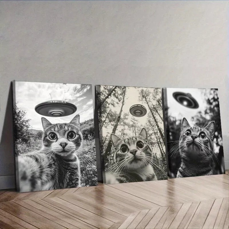 3pcs  Cat Capturing A Selfie With A UFO   Wall Art Set Canvas Framed 40x60cm - High Quality Print 100% Australian Made Wall Canvas Ready to Hang