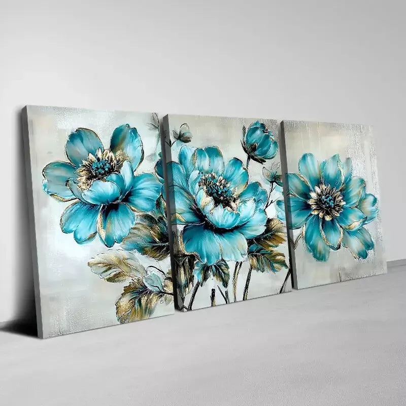 3pcs Charming Elegant Blue Flowers Wall Art Set Canvas Framed 40x60cm - High Quality Print 100% Australian Made Wall Canvas Ready to Hang