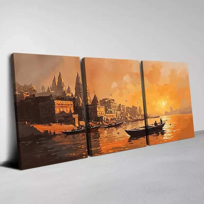 3pcs Charming Sunset And Harbor Boats View Wall Art Set Canvas Framed 40x60cm - High Quality Print 100% Australian Made Wall Canvas Ready to Hang