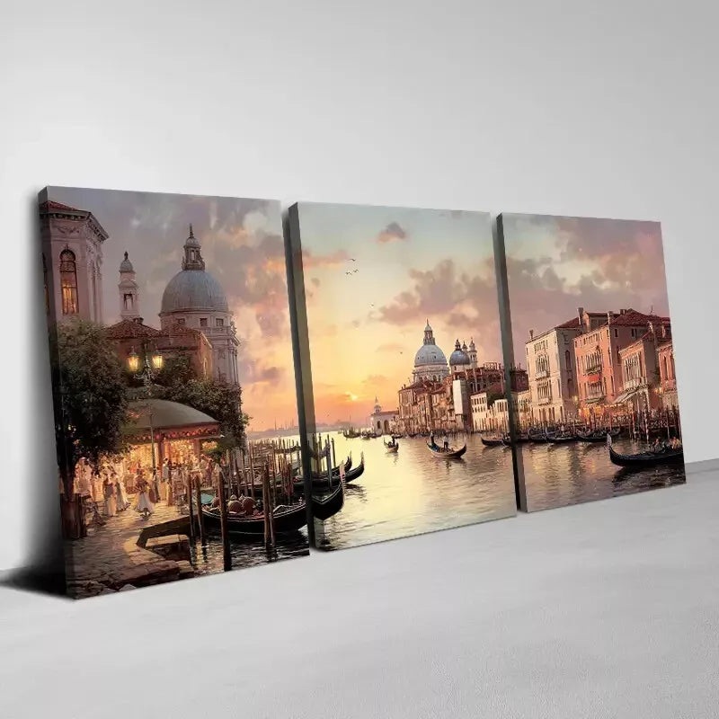 3pcs Charming Water City with Sunset View Wall Art Set Canvas Framed 40x60cm - High Quality Print 100% Australian Made Wall Canvas Ready to Hang