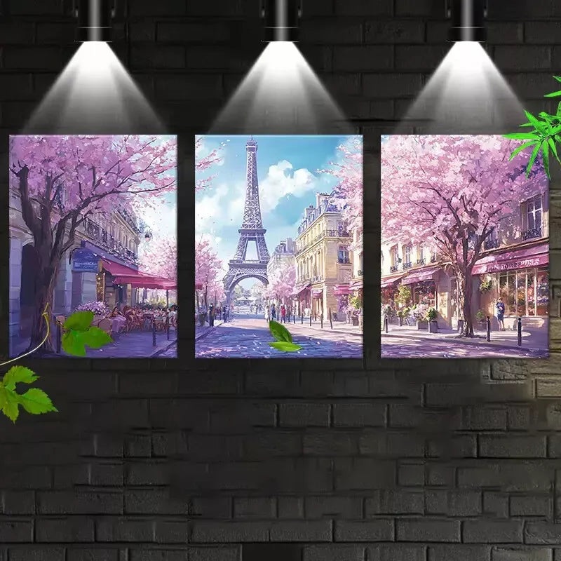 3pcs Cherry Blossoms Eiffel Tower Paris Street Wall Art Set Canvas Framed 40x60cm - High Quality Print 100% Australian Made Wall Canvas Ready to Hang