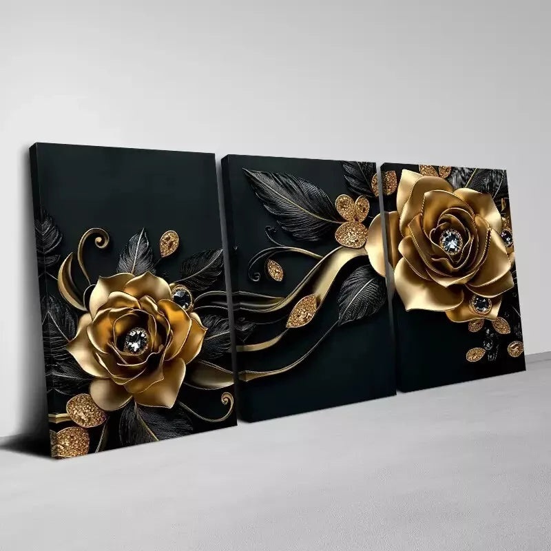 3pcs Classical Golden And Black Flowers Painting Wall Art Set Canvas Framed 40x60cm - High Quality Print 100% Australian Made Wall Canvas Ready to Hang