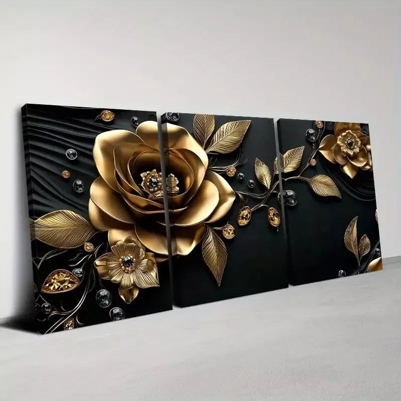 3pcs Classical Golden And Black Flowers Wall Art Set Canvas Framed 40x60cm - High Quality Print 100% Australian Made Wall Canvas Ready to Hang