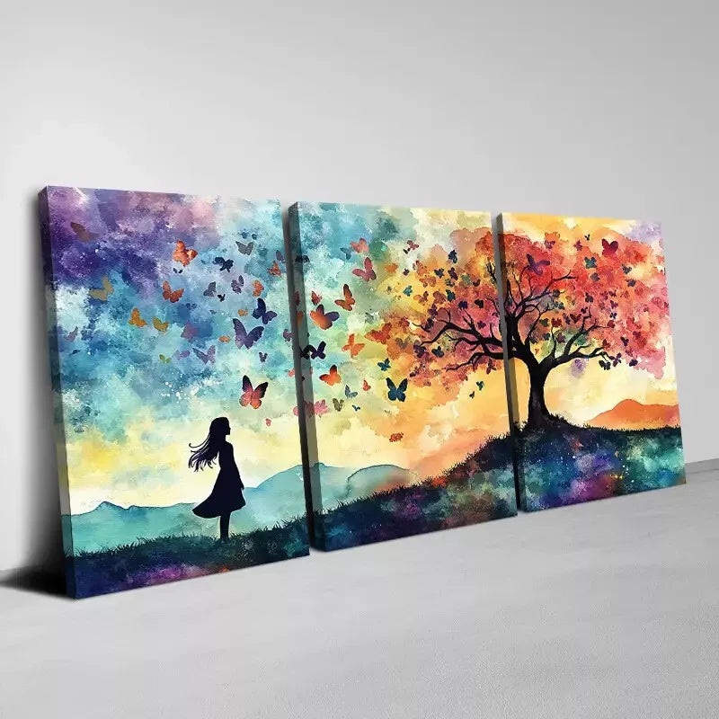 3pcs Colorful Tree Of Life And Butterfly Wall Art Set Canvas Framed 40x60cm - High Quality Print 100% Australian Made Wall Canvas Ready to Hang