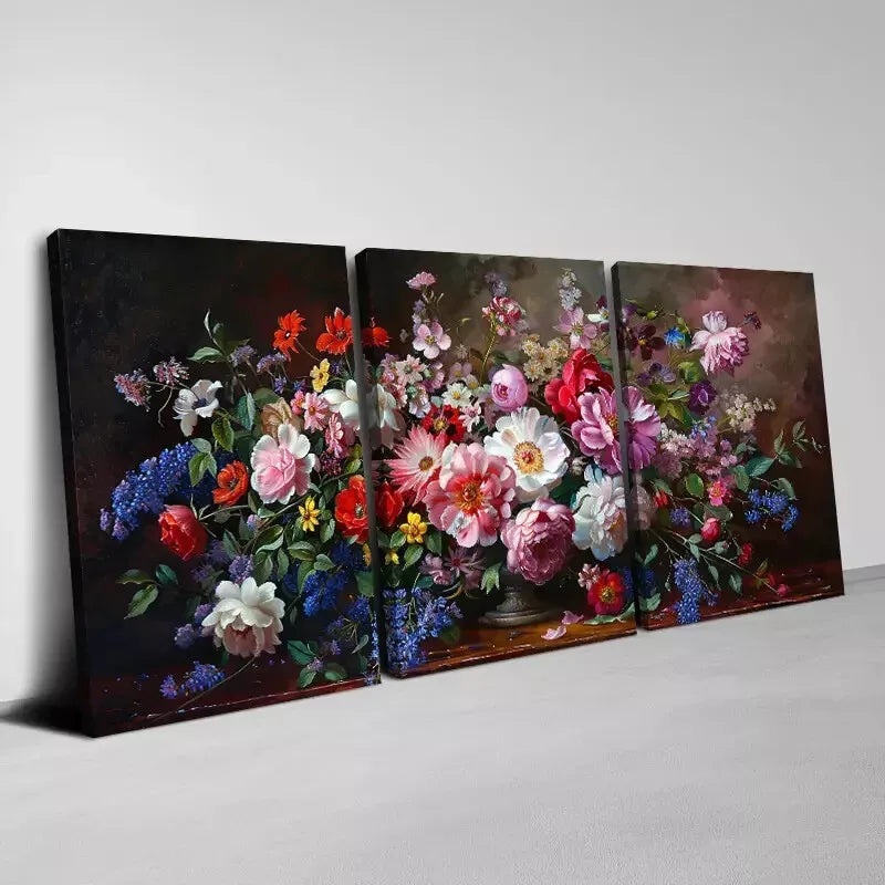 3pcs Colorful Vintage Beautiful Flowers on Table Wall Art Set Canvas Framed 40x60cm - High Quality Print 100% Australian Made Wall Canvas Ready to Hang