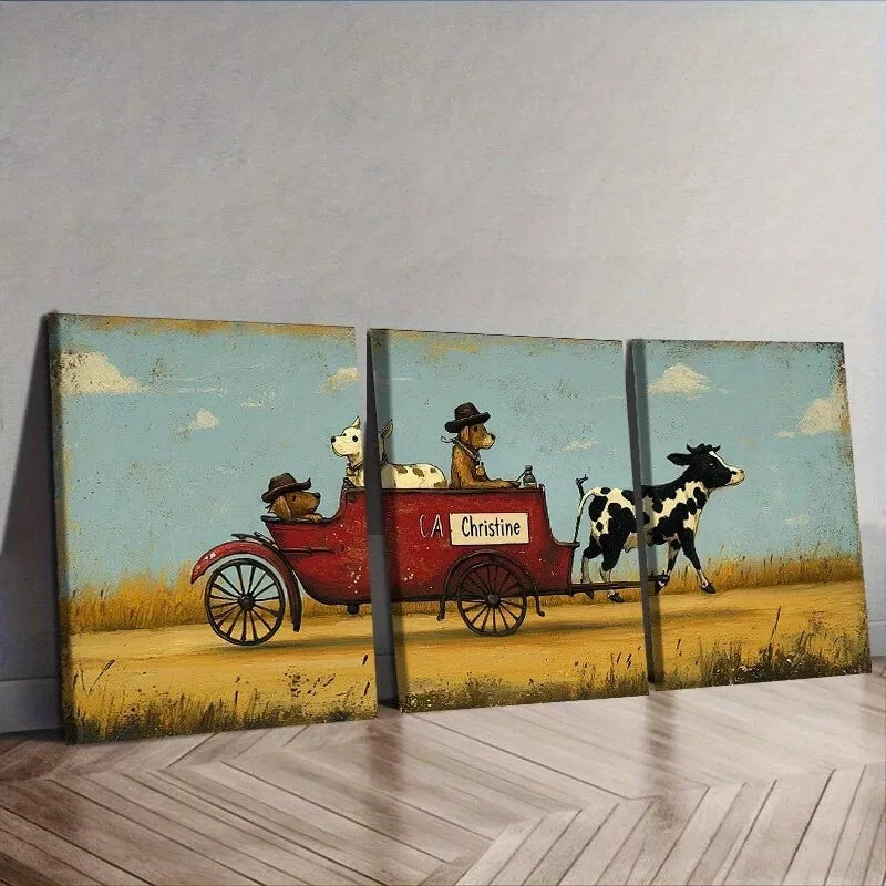 3pcs Contemporary Style Bullock Drawn   Wall Art Set Canvas Framed 40x60cm - High Quality Print 100% Australian Made Wall Canvas Ready to Hang