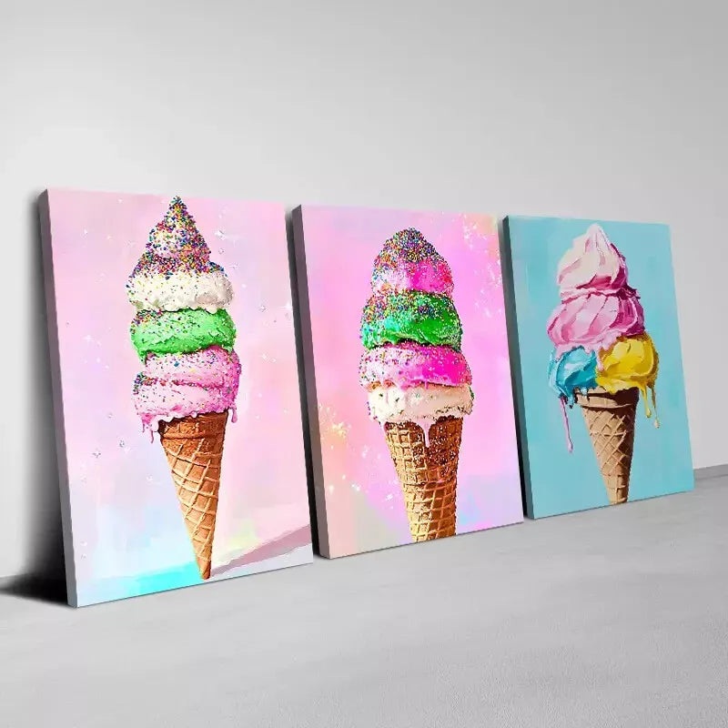 3pcs Delicious Colorful Ice Cream Wall Art Set Canvas Framed 40x60cm - High Quality Print 100% Australian Made Wall Canvas Ready to Hang