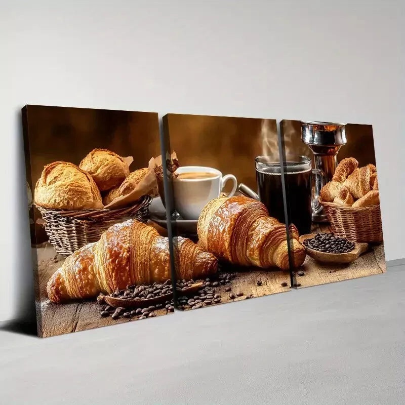 3pcs Delicious Fashionable Coffee And Croissant Wall Art Set Canvas Framed 40x60cm - High Quality Print 100% Australian Made Wall Canvas Ready to Hang