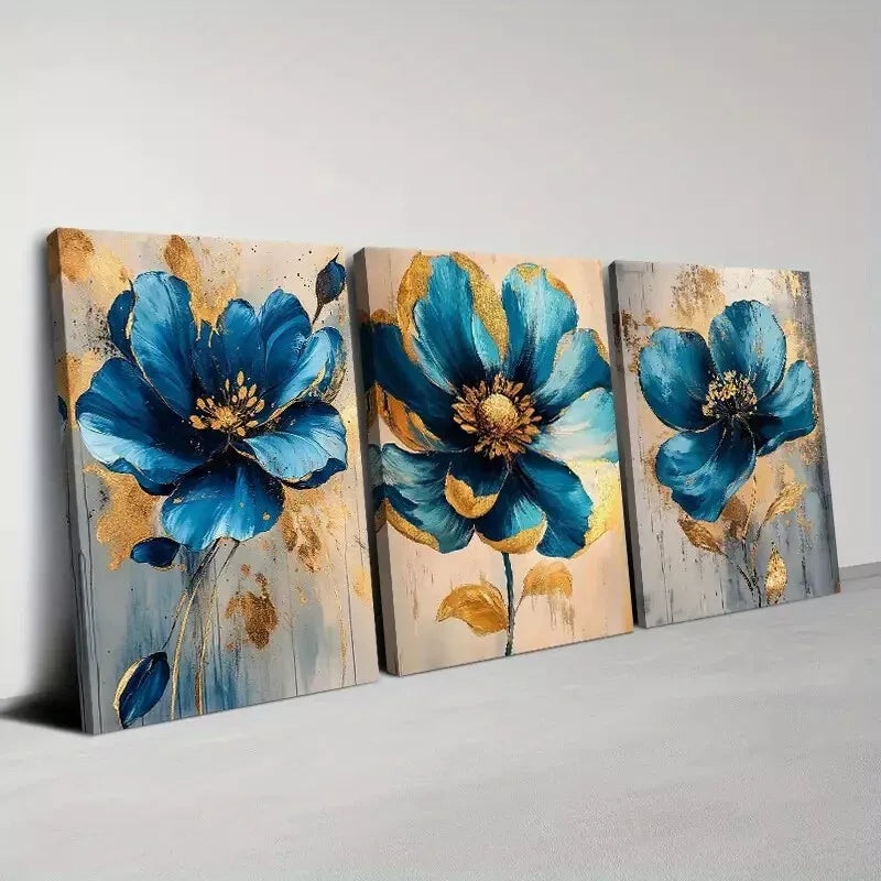 3pcs Elegant Blue And Gold Floral Wall Art Set Canvas Framed 40x60cm - High Quality Print 100% Australian Made Wall Canvas Ready to Hang
